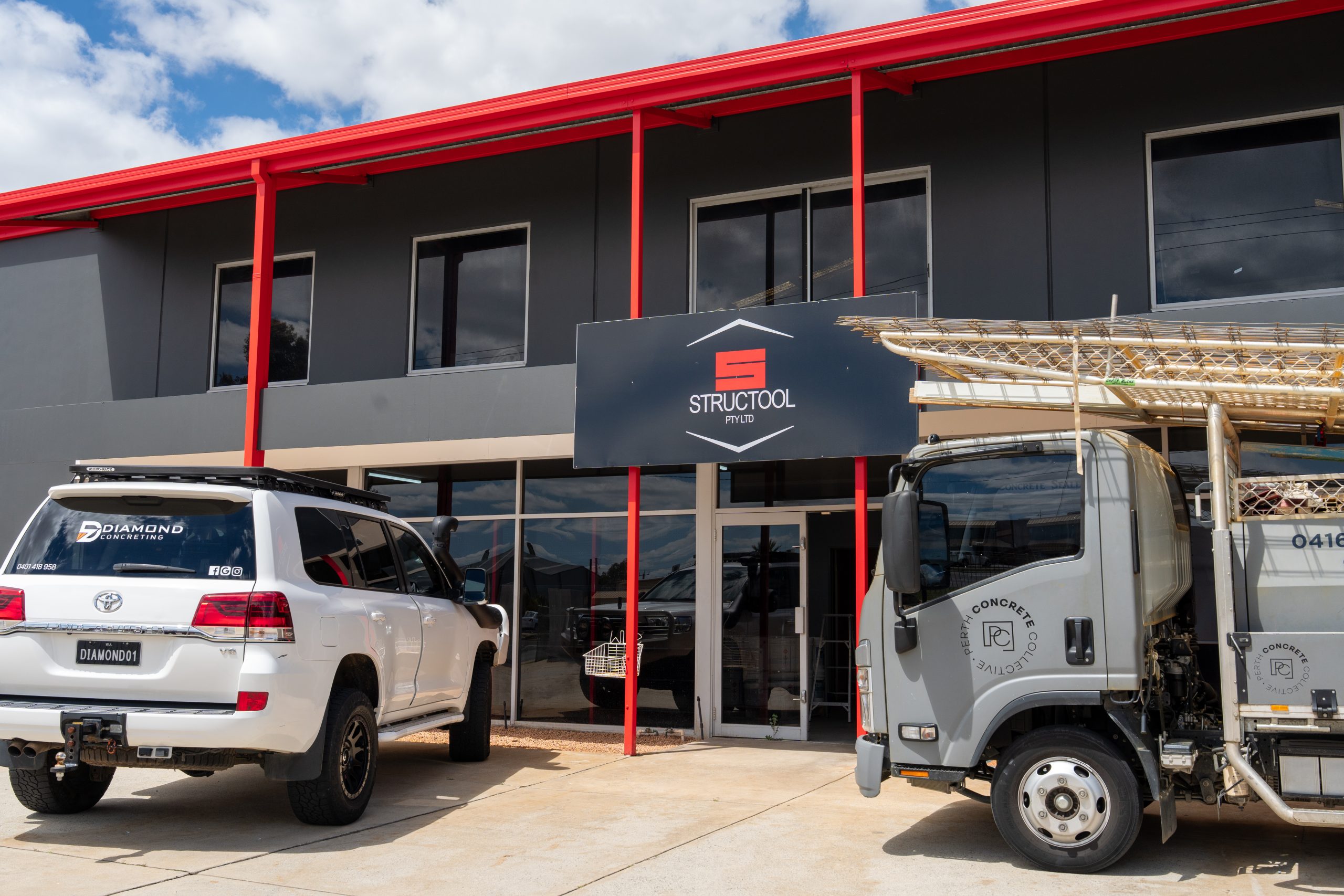 Entrance to Structool concrete supplies store with customer vehicle in Canning Vale, Perth